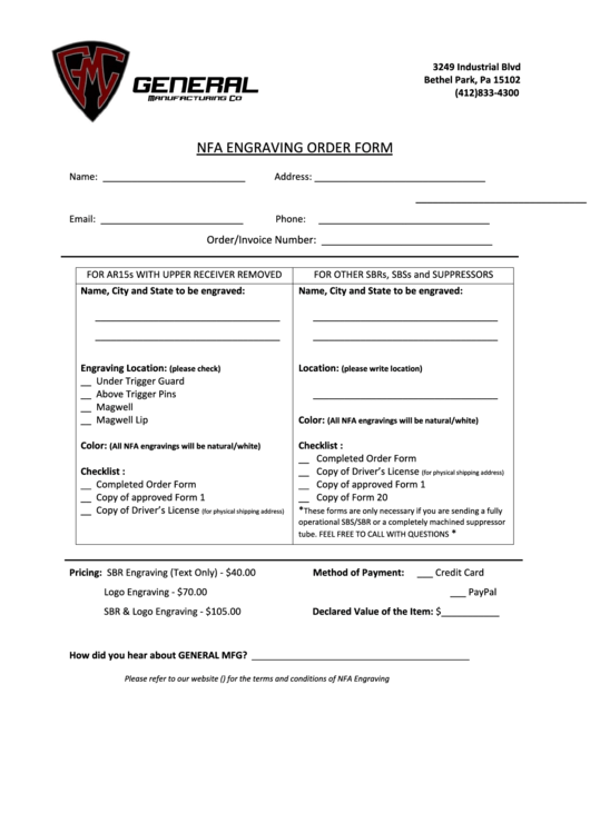 Fillable Nfa Engraving Order Form Printable pdf