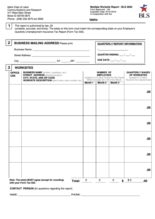 Fillable Form Bls 3020 - Multiple Worksite Report - Idaho Dept Of Labor Printable pdf