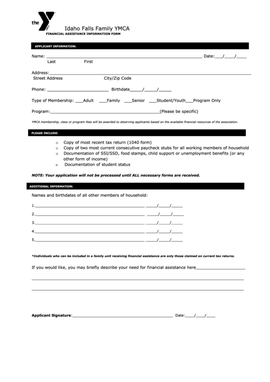 Idaho Falls Family Ymca - Application Form Printable pdf