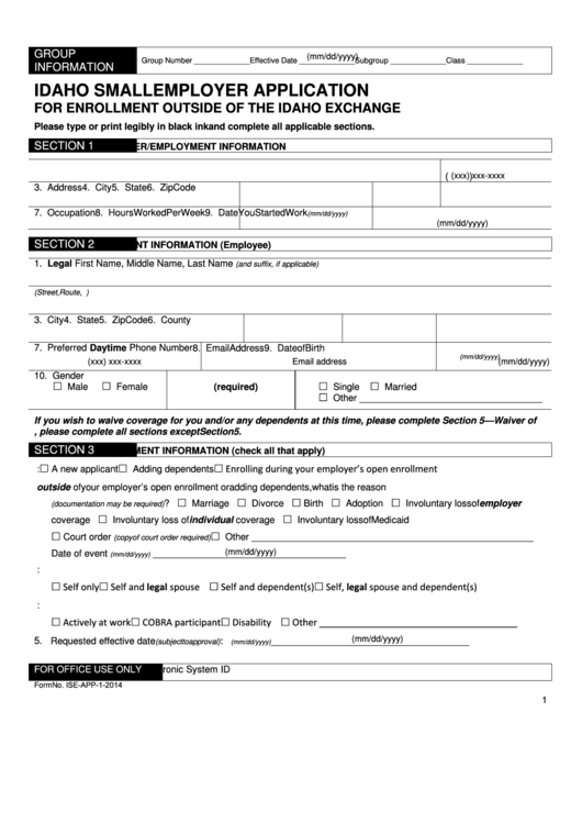 Fillable Idaho Small Group Application Printable pdf
