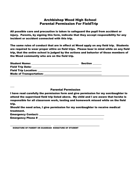 Field Trip Permission Form - Archbishop Wood High School Printable pdf