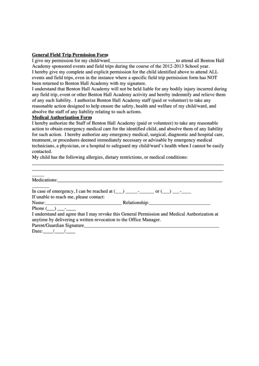 General Field Trip Permission Form I Give My Permission For My Child Printable pdf