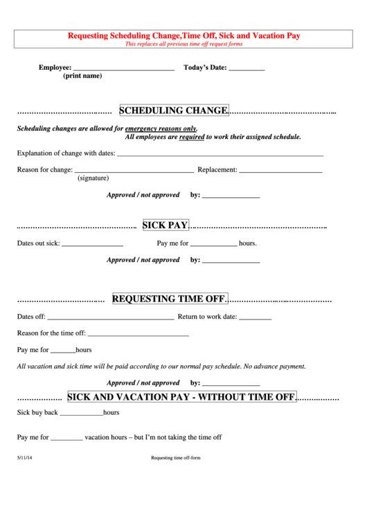 Requesting Scheduling Change,time Off, Sick And Vacation Pay printable ...
