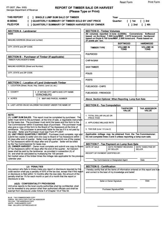 Fillable Form Pt-283t - Report Of Timber Sale Or Harvest Printable pdf