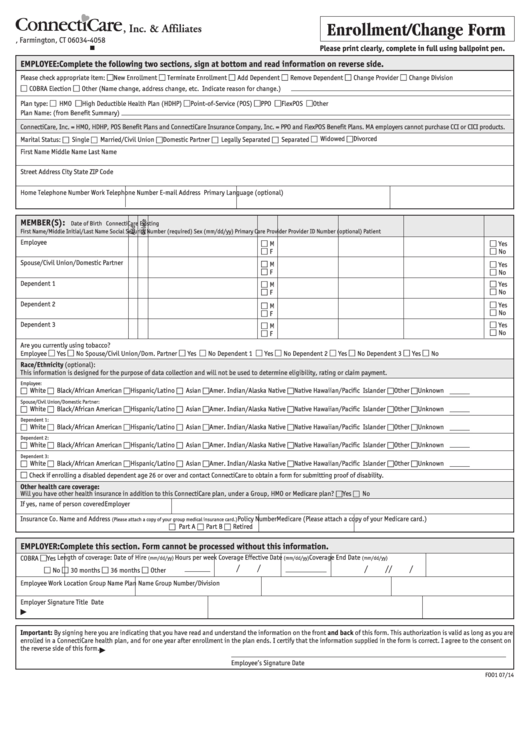 Enrollment Change Form - Connecticare Printable pdf