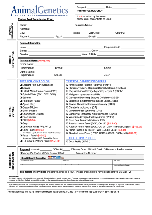 Equine Test Submission Form Printable pdf