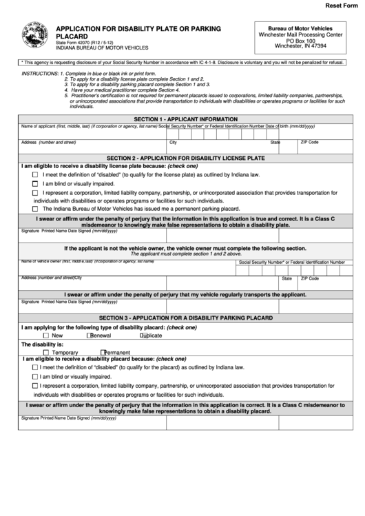 Fillable State Form 42070 - Application For Disability Plate Or Parking ...