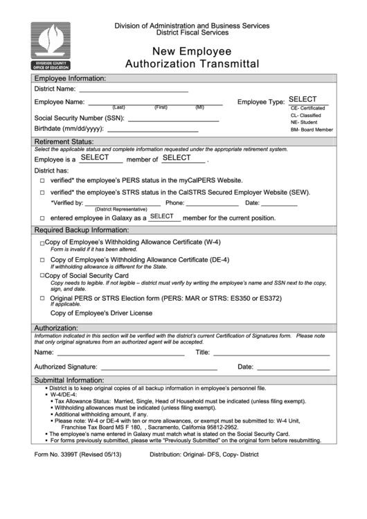 Fillable 3399t New Employee Authorization Transmittal Form Printable pdf