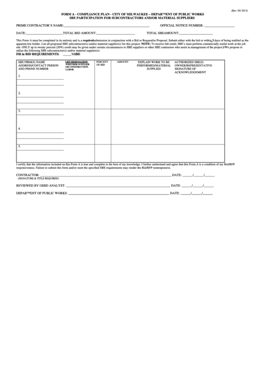 Form A - Compliance Plan - City Of Milwaukee - Department Of Public Works Sbe Participation For Subcontractors And/or Material Suppliers