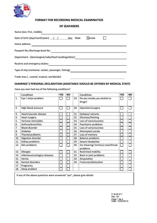 Format For Recording Medical Examinations Of Seafarers Printable pdf