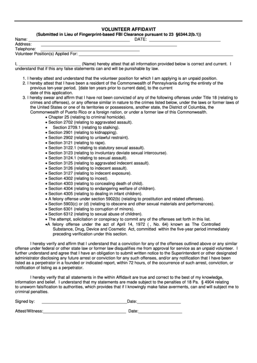 Volunteer Affidavit Form Printable pdf