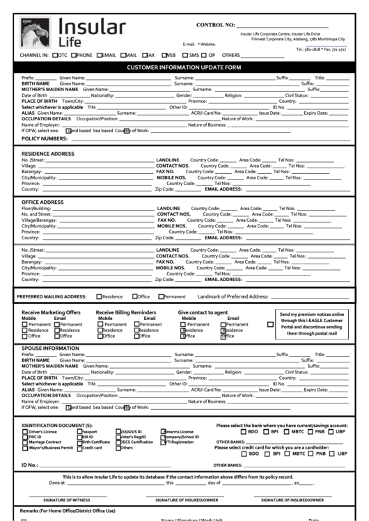 Customer Information Update Form - Insular Life Printable pdf