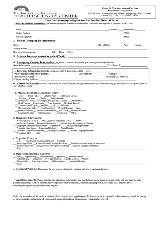 Referral Form - Unm Hospitals, University Of New Mexico Printable pdf