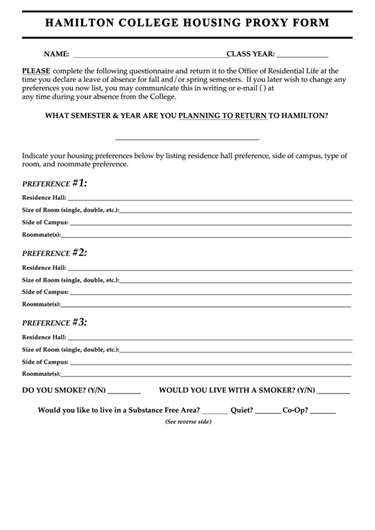 Hamilton College Housing Proxy Form Printable pdf