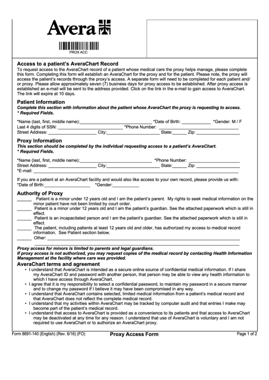 Proxy Form - Avera Health Access To Records Printable pdf