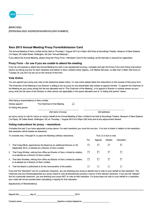 Annual Meeting Proxy Form Admission Card - Xero Printable pdf