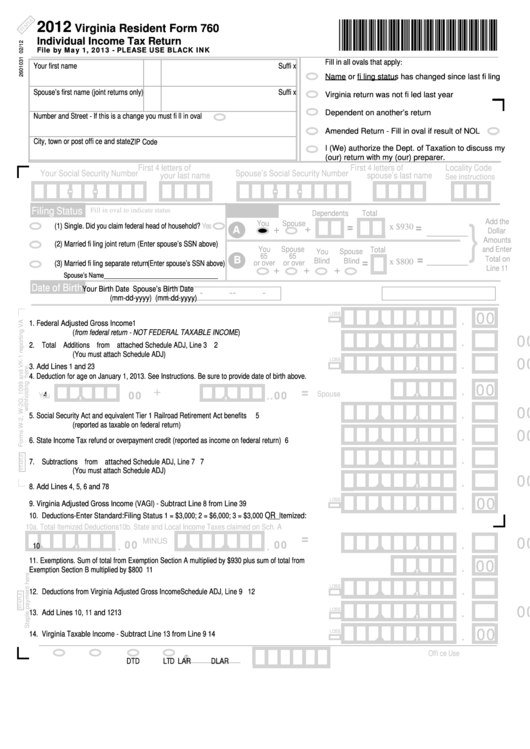 Fillable Virginia Resident Form 760 - Individual Income Tax Return - 2012 Printable pdf