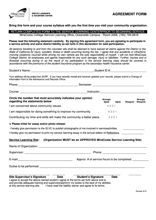 Agreement Form - Miracosta College Printable pdf