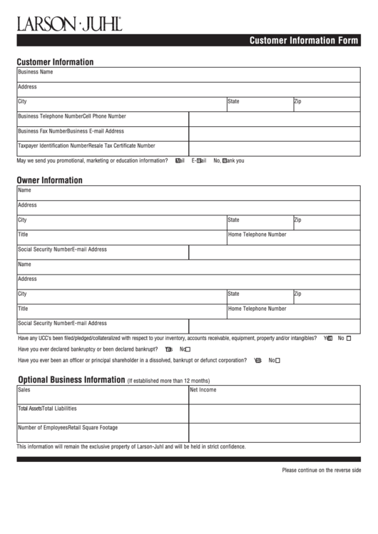 Customer Information Form - Larson Juhl Printable pdf