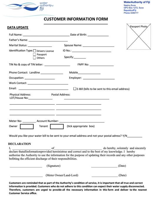Customer Information Form Water Authority Of Fiji Printable pdf