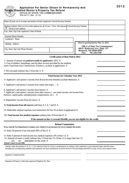 Fillable Form Sfn 24777 - Application For Senior Citizen Or Permanently And Totally Disabled Renter