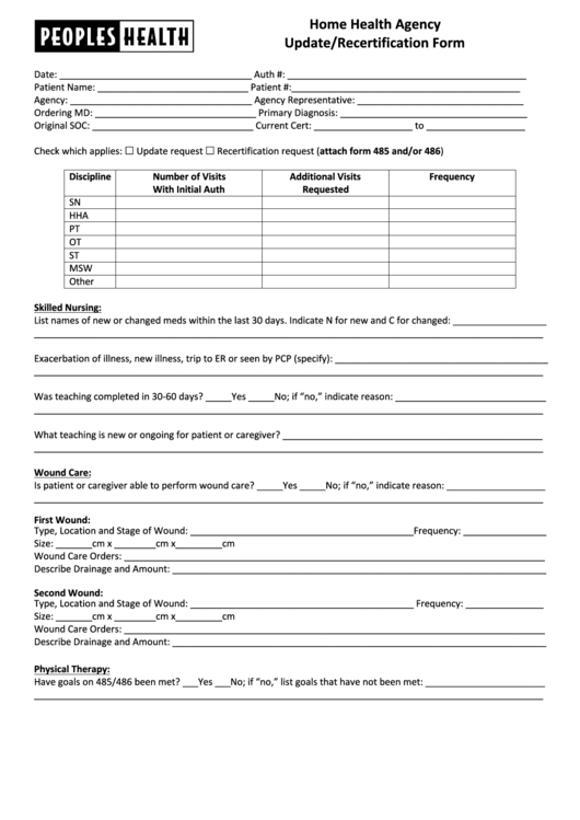 Fillable Home Health Agency Update Form Peoples Health Printable pdf