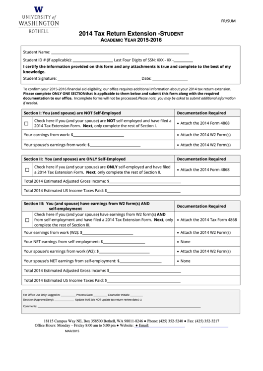 2014 Tax Return Extension Form - Student Printable pdf