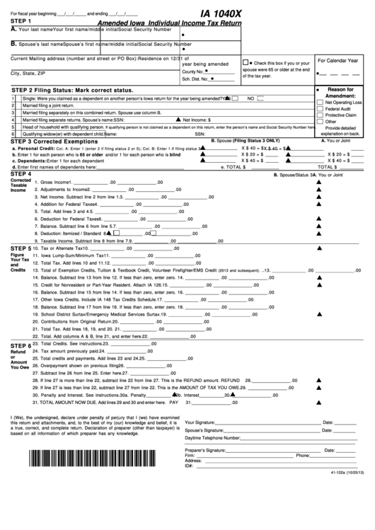 Form Ia 1040x - Amended Iowa Individual Income Tax Return - 2013