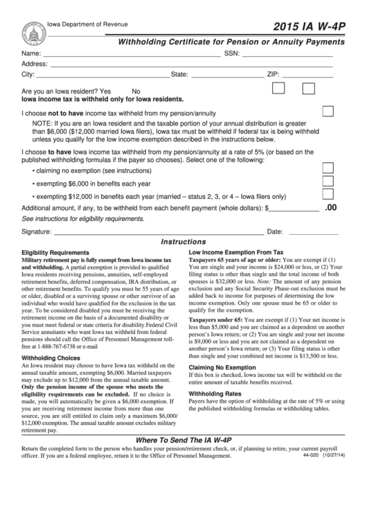 Fillable Iowa Form W-4p - Withholding Certificate For Pension Or Annuity Payments - 2015 Printable pdf