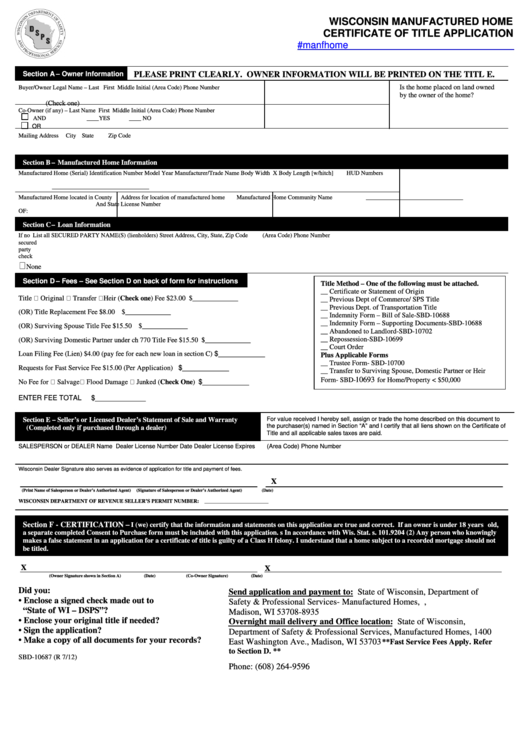 Wisconsin Manufactured Home Certificate Of Title Application Printable pdf