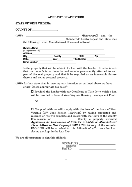 Affidavit Of Affixture - Manufactured Units West Virginia Housing Printable pdf