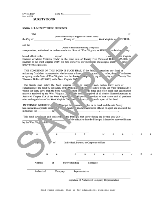 Fillable Form Mv-126-Ds-P - Surety Bond Form Sample, Integrity Surety Bond Application Printable pdf