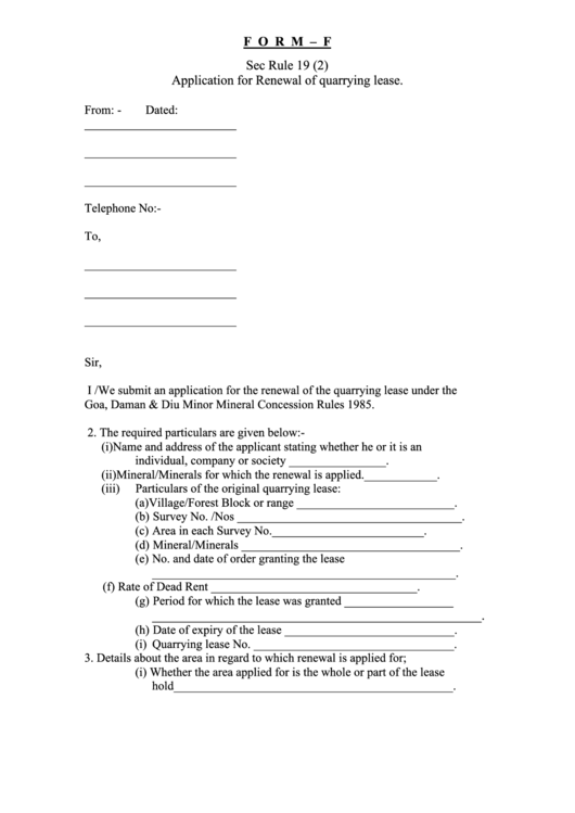 Form F Sec Rule 19 - Application For Renewal Of Quarrying Lease Printable pdf
