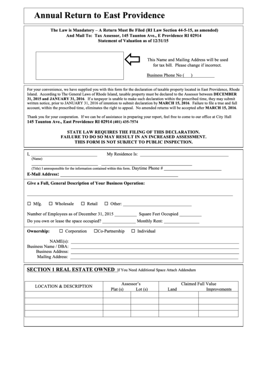 Annual Return To East Providence Form - Ri Tax Assessor Printable pdf