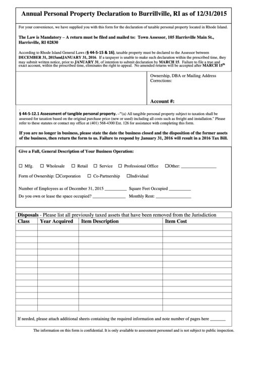 Tangible Property Form - Burrillville Printable pdf