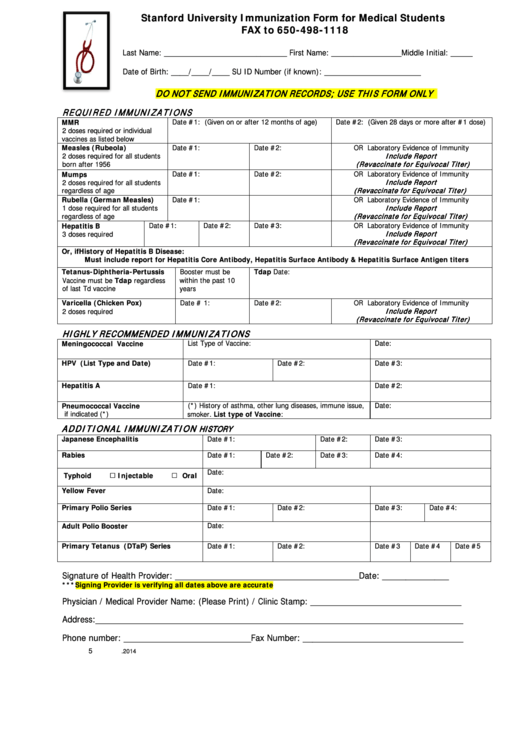 Stanford University Immunization Form For Medical Students Printable pdf