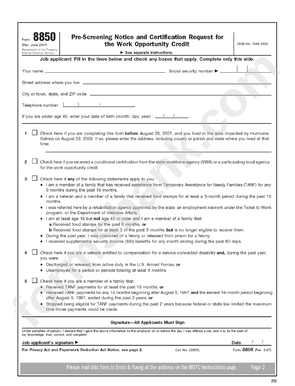 Form 8850 - Pre-Screening Notice And Certification Request For The Work Opportunity Credit