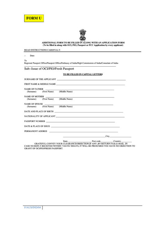 Form U - Indian Visa Application Form Printable pdf