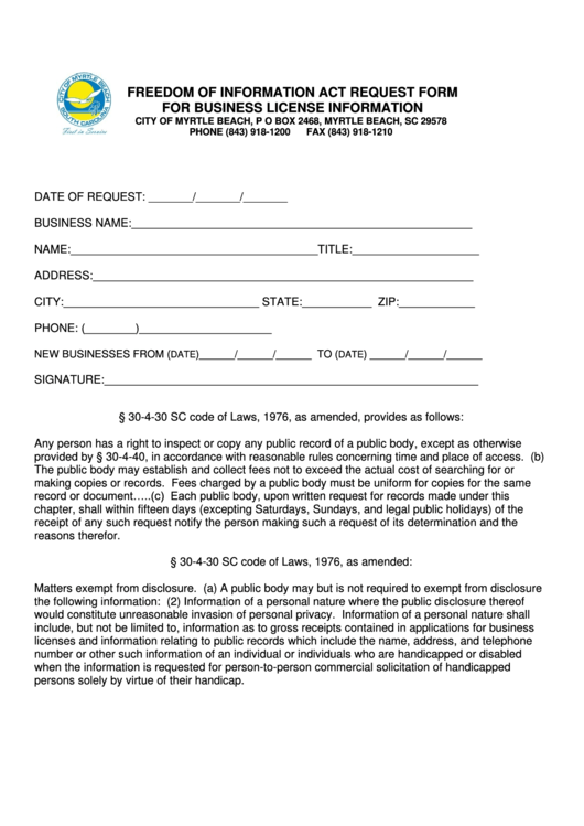 Business License Foia Request Form - The City Of Myrtle Beach Printable pdf