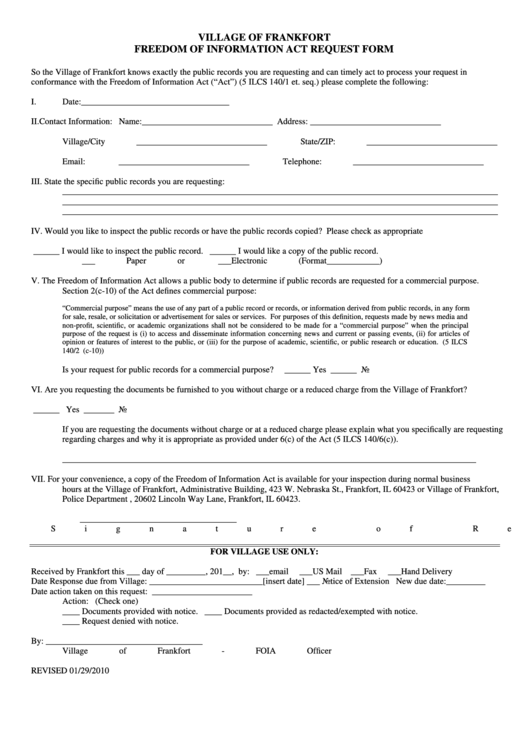 Village Of Frankfort - Freedom Of Information Act Request Form Printable pdf