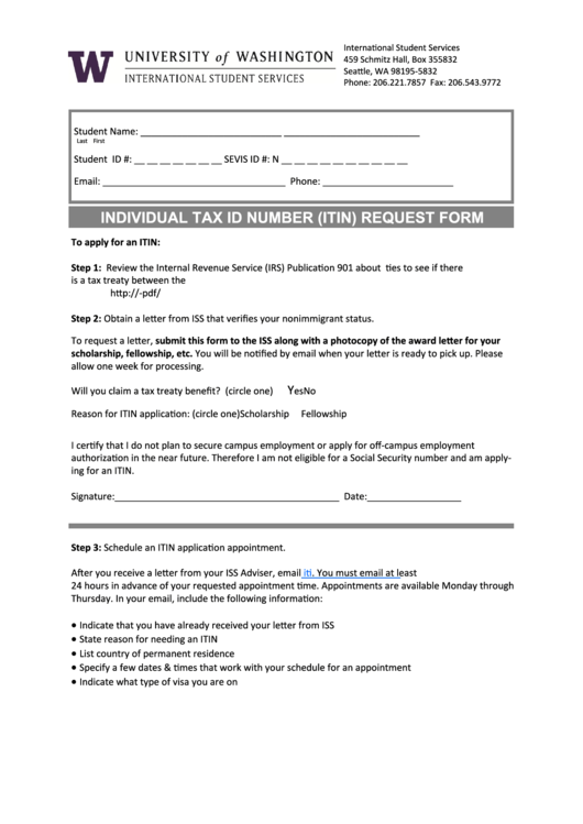 Individual Tax Id Number (Itin) Request Form - University Of Washington Printable pdf