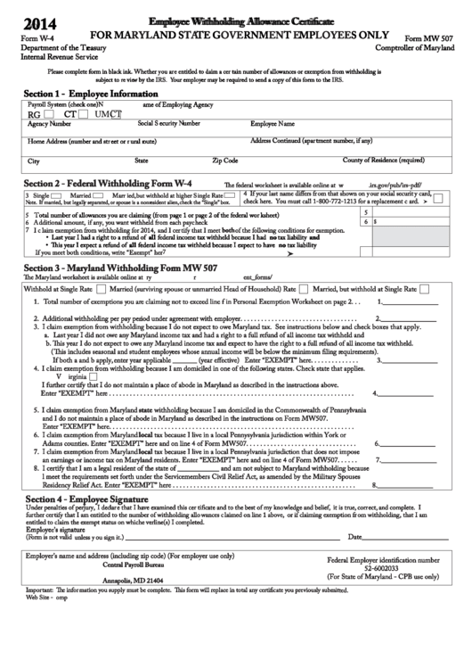 Fillable Form W-4 (Form Mw 507) - Employee Withholding Allowance Certificate - Maryland State Government Employees Only - 2014 Printable pdf