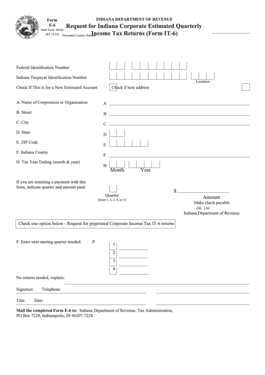 Form E-6 - Request For Indiana Corporate Estimated Quarterly Income Tax Returns - 2012 Printable pdf