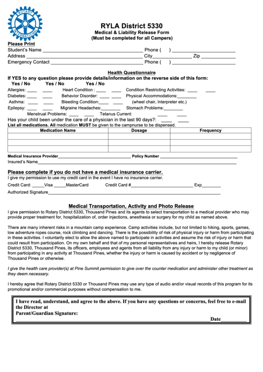 Fillable Ryla District 5330 Medical And Liability Release Form Printable pdf