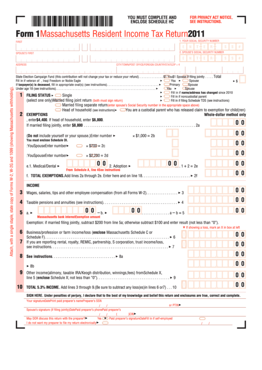 Form 1 - Massachusetts Resident Income Tax Return - 2011 Printable pdf