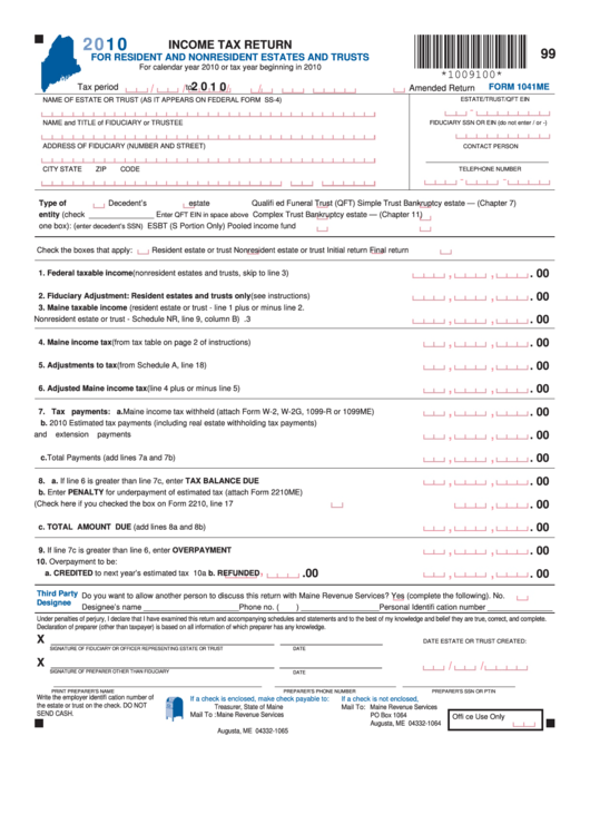 Form 1041me - Income Tax Return For Resident And Nonresident Estates And Trusts - 2010 Printable pdf