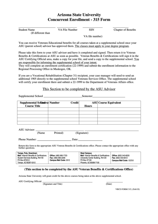 Vbco Form 315 - Arizona State University Concurrent Enrollment - 315 Form Printable pdf