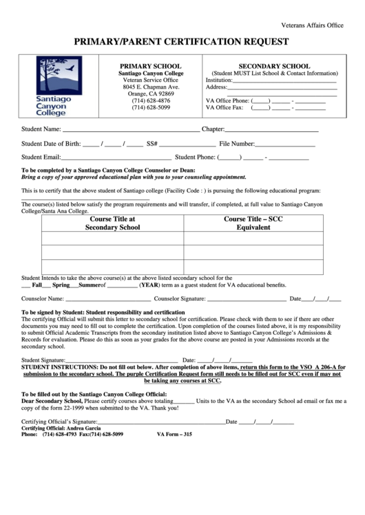 Fillable Primary/parent Certification Request Form - Santiago Canyon College Printable pdf
