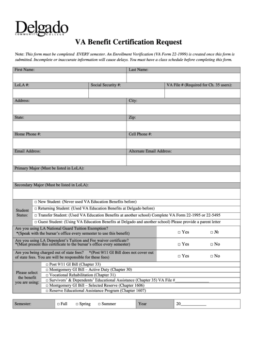 Va Benefit Certification Request - Delgado Community College Printable pdf