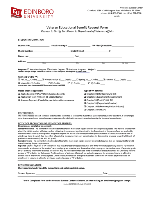Veteran Educational Benefit Request Form - Edinboro University Printable pdf